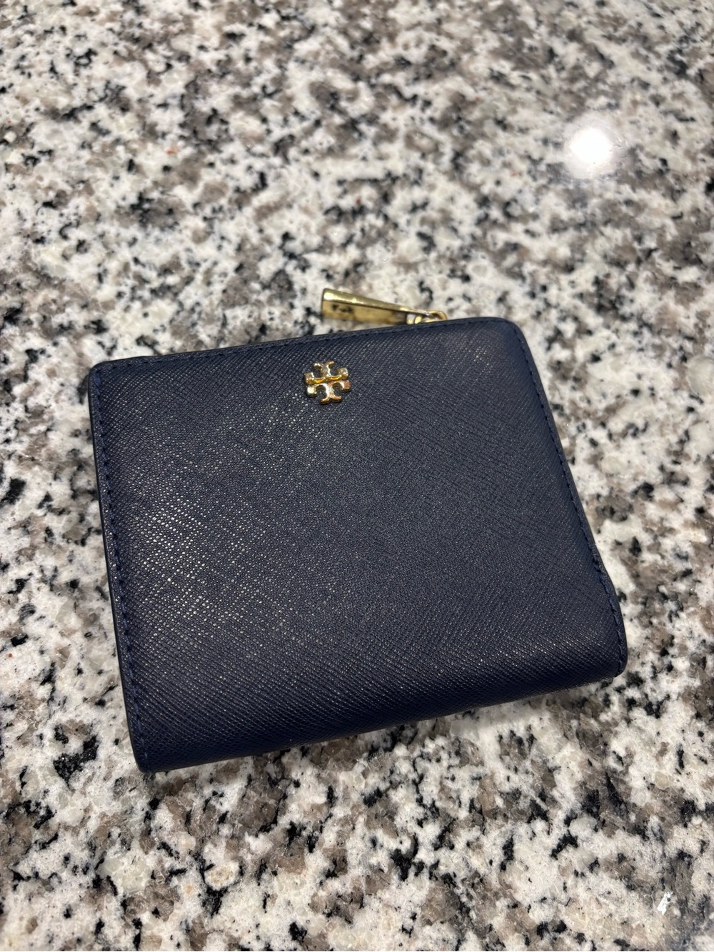 Tory Burch Navy Saffiano Zip Bifold Wallet with Gold Logo Accent